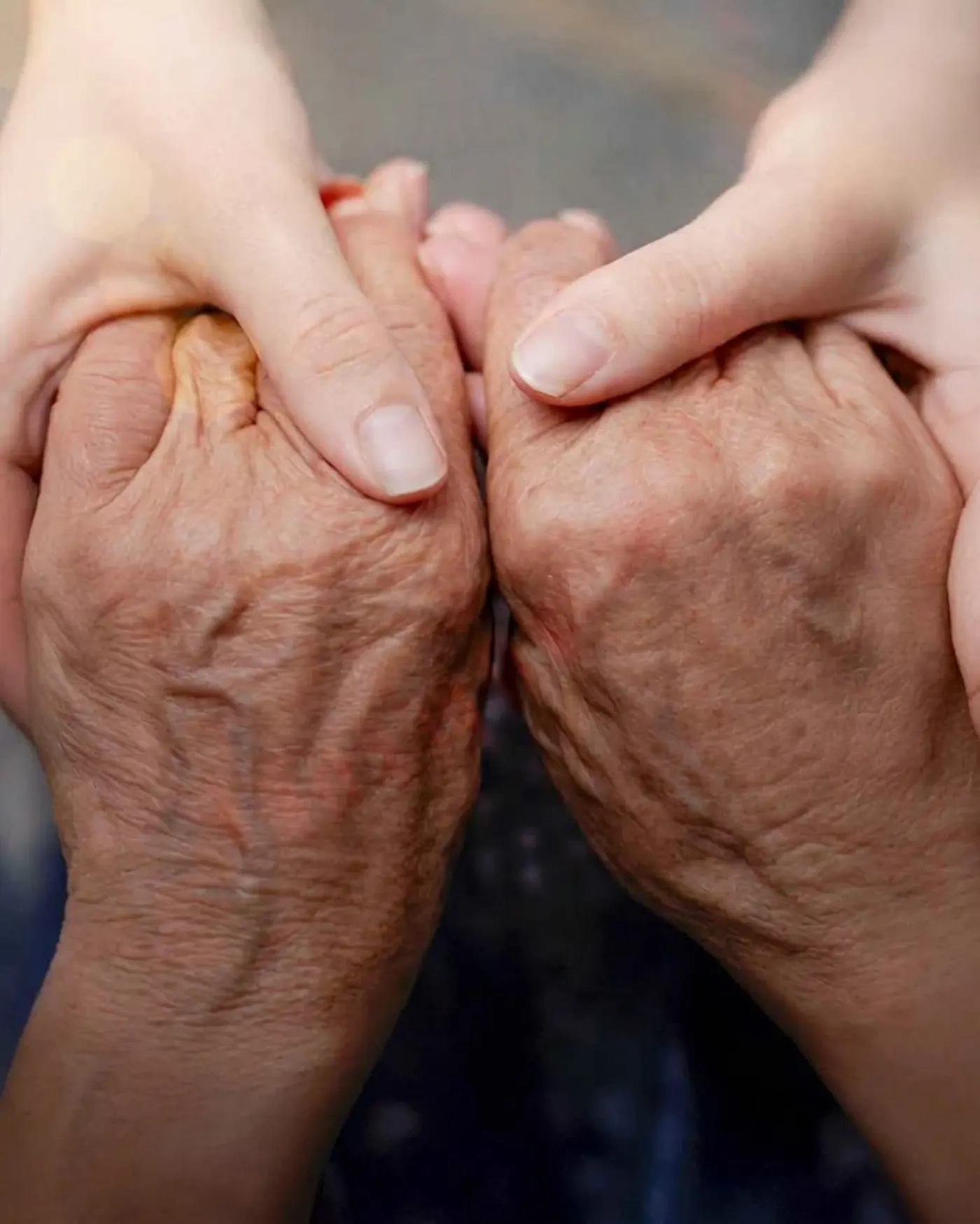 Mãos jovens segurando as mãos de uma pessoa idosa em gesto de apoio